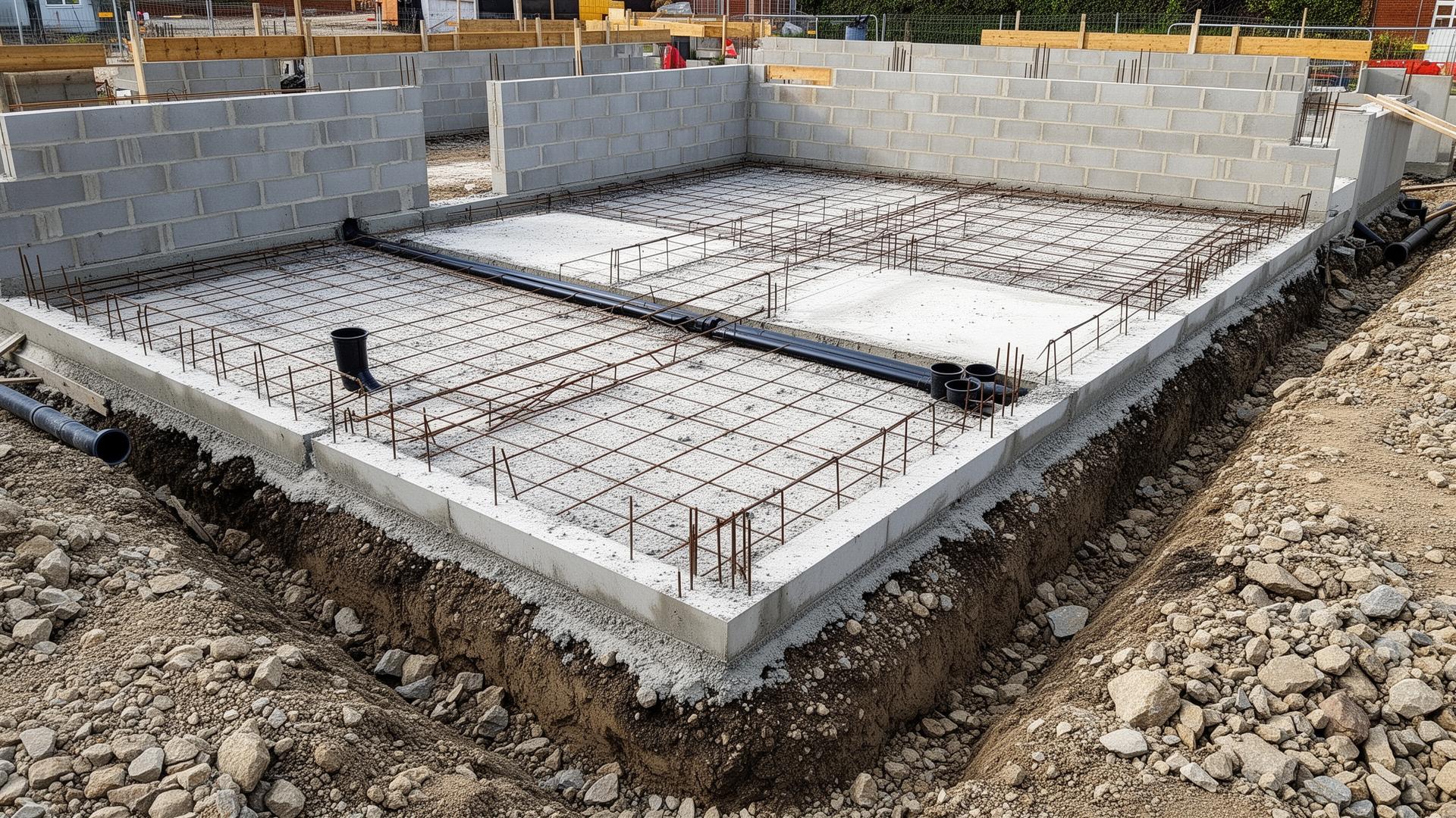 Reinforced concrete foundations and blockwork walls on a UK groundworks site — Philbert Construction groundworks project in Reading & Berkshire